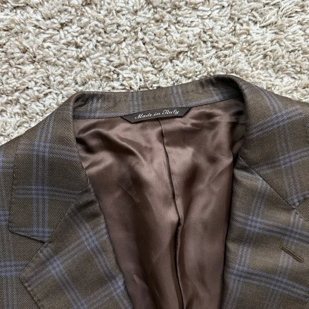Canali Made In Italy Silk And Wool Brown Plaid Suit Jacket Size IT 52R / US 42R